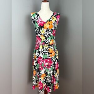 Lauren Ralph Lauren Fit & Flair Midi Dress XS Black White w Multi Color Floral